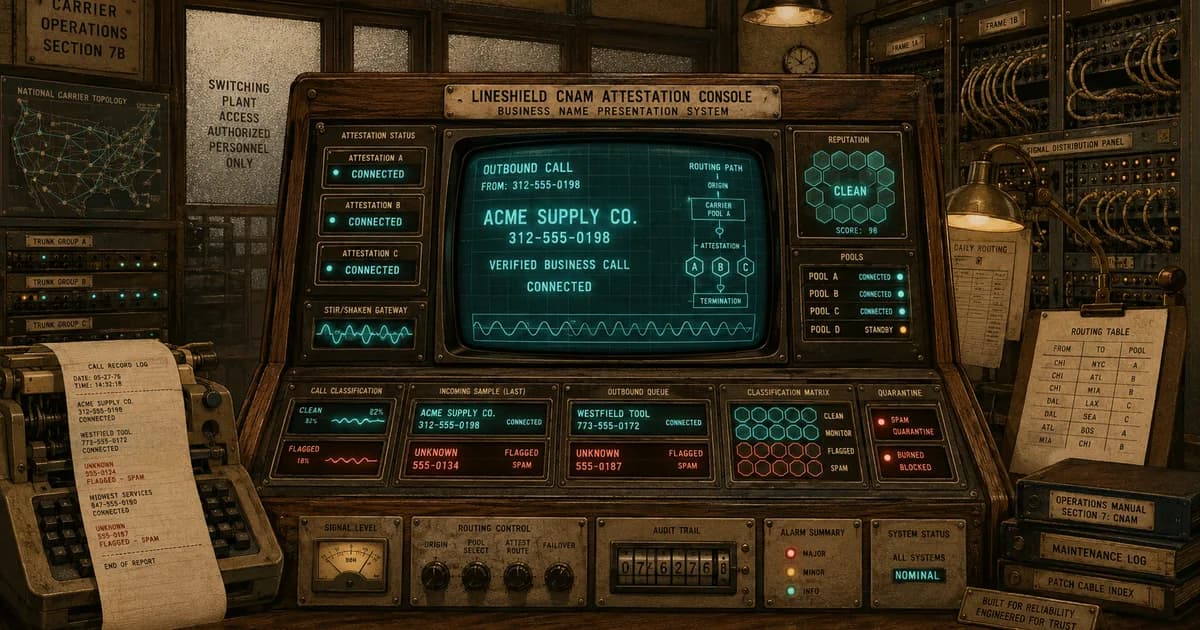 Retro CNAM attestation console displaying verified business caller name records