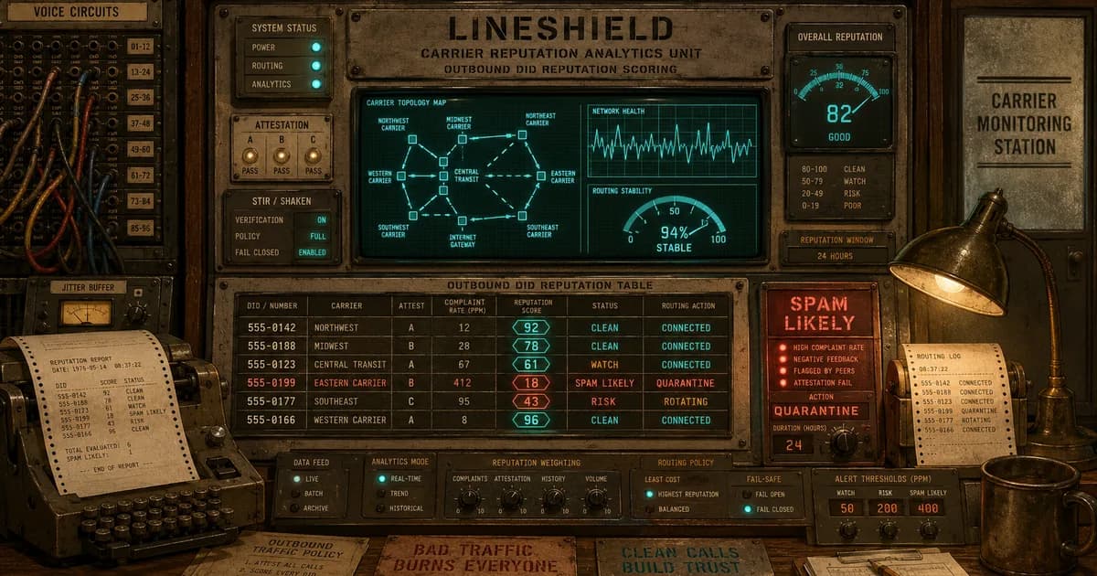Retro monitoring console showing outbound calls tagged spam likely